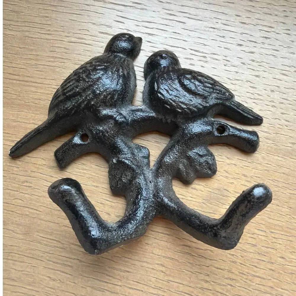 Rustic iron vintage coat hook retro PAIR OF BIRDS woodland cast iron
